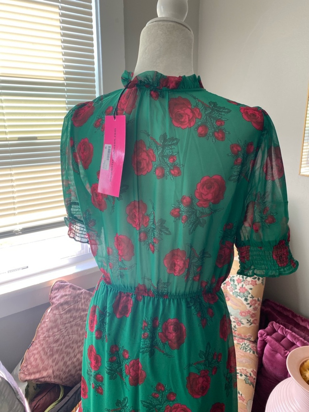 Betsey Johnson Green Maxi Dress with Pink Rose Print - Picture 7 of 12